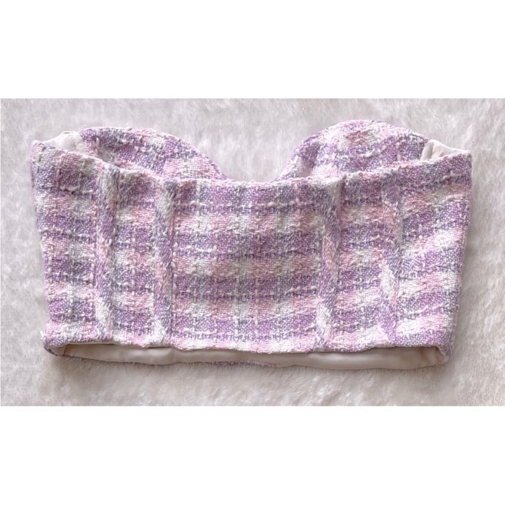 Zara Tweed Bustier Crop Purple Pink Gingham Strapless Corset Top Women’s Small - Picture 4 of 6